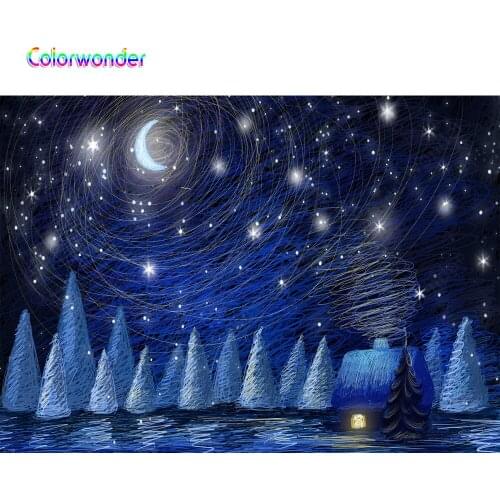 Colorwonder Line Drawing Pine and Wooden House Photography Light Moon with Twinkle Twinkle Stars Dreamy Night Scenery Backdrop