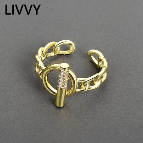 LIVVY Silver Color OT Buckle Zircon Chain Ring Female Fashion Light Luxury Temperament Exquisite Gorgeous Jewelry Gift