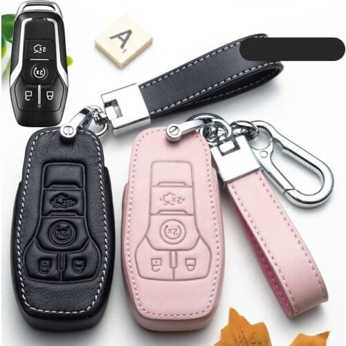 Leather Car Key Case Cover for Ford Edge Explorer Fusion Mustang F-150 F-450 F-550 Lincoln MKZ MKC Smart Remote Fob Covers