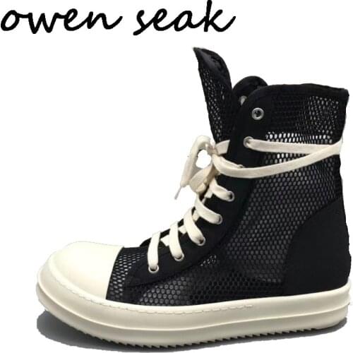 Owen Seak Men Casual Shoes High-TOP Lace Up Luxury Summer Breathable Sneaker Trainers Mesh Sandals Zip Flat Black Big Size Shoes