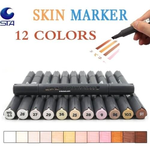 12 Manga Colors Double-Ended Brush Marker SkinTones Art Marker Set For Sketch Graphic Design Figures Cartoon Comic Skin Color