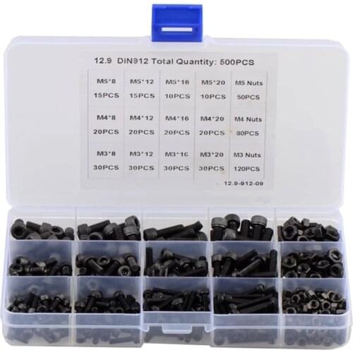 500PCS Hexagon Hex Socket Cap Head Screw Set M3 M4 M5 Black Carbon Steel 12.9 Grade Allen Screw Bolts and Nuts Assortment Kit