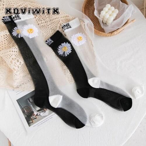 Flower knee high black socks Transparent women funny Daisy long Cool sock girl summer harajuku Casual Cotton ladies letter sox