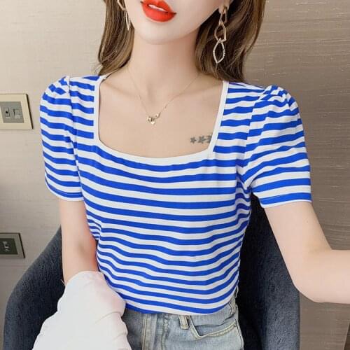 New Square collar stripe T Shirt Women Harajuku Vogue Tshirt Short Sleeve Streetwear Ladies Summer Female T-shirt 2021 y2k top