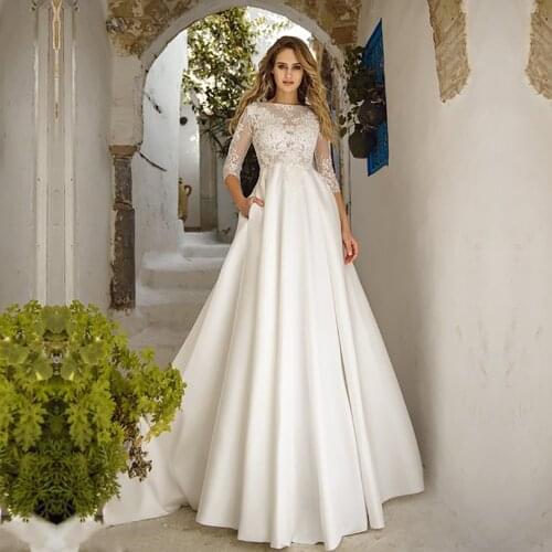 3/4 Sleeves Satin Wedding Dresses A Line Lace Appliques Bridal Wedding Gowns Pockets Vestido De Noiva Back Button Floor Length