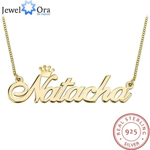 JewelOra Personalized 925 Sterling Silver Nameplate Necklace with Crown Custom Any Name Fine Jewelry Gift for Mom