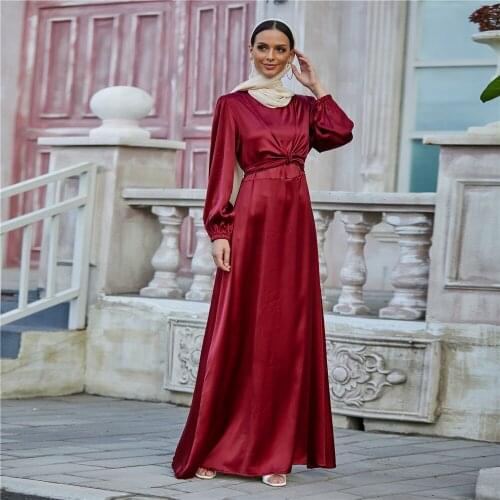 Ramadan Silk Muslim Dress Abayas Women Dubai Fashion Islam Clothing Robe Longue Femme Musulmane Vestidos Largos With Belt F2929w