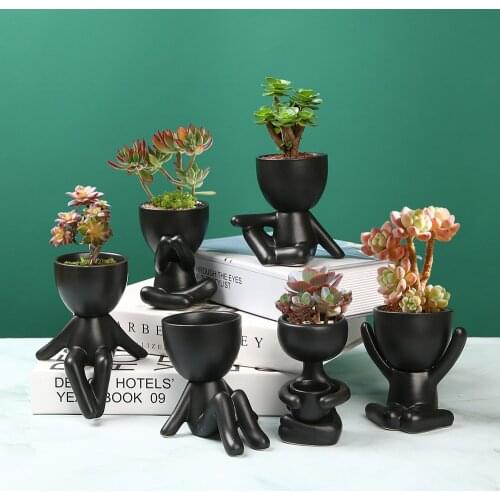 Nordic succulent plant pots personality creative black ceramic small vase ornaments crafts cute little people potted flower pots