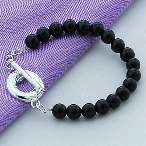 High Quality 925 Silver 8MM BlackRound Bead TO-claspCharm Bracelet for Women Men Trendy Fashion Jewelry Engagement Birthday Gift