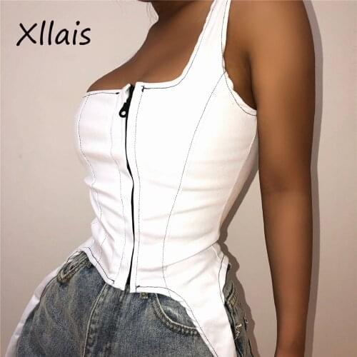 XLLAIS Denim Material Sexy Bodycon Cropped Zipper White Suit Party Club Outfit Women High Street Clothing Tank Tops