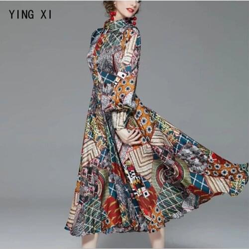 YING XI 2020 New Spring Turn-down Collar High Waist Long Women Dress Long Sleeve Single Breasted Button Floral Office Lady Dress