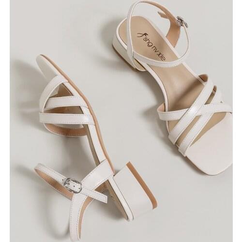 EGTPINAOP Womens Sandals Summer New 2021Women Mid Heel Shoes Summer Sandals Genuine Leather Off White Thin Belt Combination