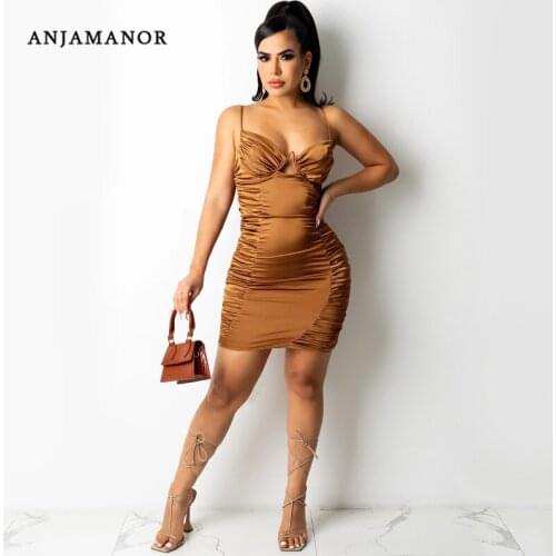 ANJAMANOR Sexy Cocktail Dresses for Women 2021 Party Night Clubwear Deep V Neck Backless Ruched Bodycon Mini Dress D42-DE21