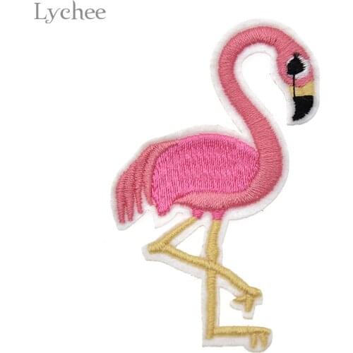 Lychee 10pcs Pink Flamingo Bird Animal Embroidered Patch Iron On Patches Applique Sewing Fabric Stickers Accessories