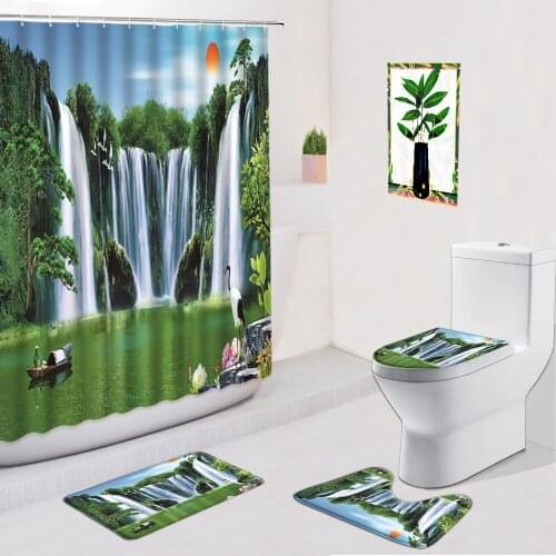 4Pcs/Set Waterfall Shower Curtain Forest Tree Plant Red Sun Scenery Pattern Non-Slip Bath Mat Toilet Bathroom Decor Carpet Rugs