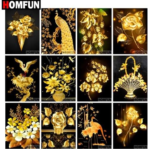 HOMFUN 5D Diamond Embroidery Needlework Kit "Golden flower peacock" Diy Diamond Painting Cross Stitch Home Decoration Gift