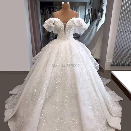 White Off The Shoulder Wedding Dress Ball Gown Organza Rhinestone Beaded Sequined Floor-Length Women Dress Wedding Dress