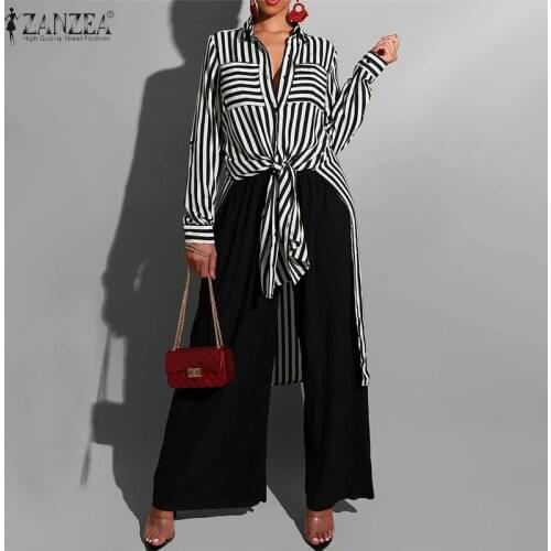 Womens Striped Blouse ZANZEA Fashion Autumn Shirt Casual Split Long Sleeve Blusas Female Button Asymmetrical Tunic Plus Size