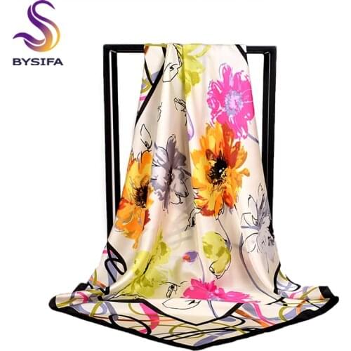 [BYSIFA] Fashion Silk Scarf Shawl 2018 New Autumn Winter Women 100% Pure Silk Scarf Elegant Floral Large Square Head Scarves