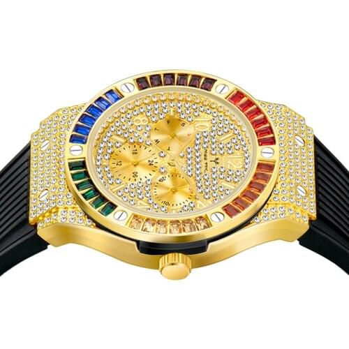 Fashion Designer Color Square Diamond Silicone Waterproof Mens Watch Big Dial 6 Pin Quartz Club Wrist Watch Relogio Masculino