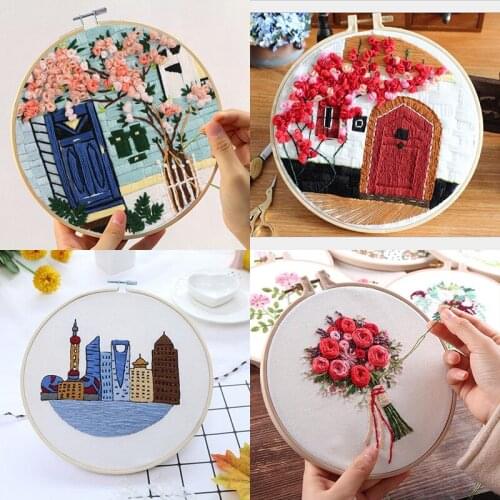 Europe DIY Ribbon Flowers Embroidery Set with Frame for Beginner Needlework Kits Cross Stitch Series Arts Crafts Sewing Decor