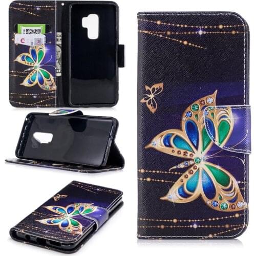 Hotsale Colored Drawing PU Leather Cases for Samsung Galaxy S9 Plus Kickstand Flip Mobile Phone Cases with Wallet Card Holders