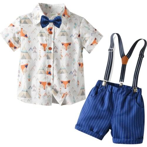 Summer Baby Boy Clothing Sets Cartoon Fox Print Short Sleeve Shirt Bib Shorts 2pcs Kids Clothing 2020 Boy Suit 2 3 4 5 6 7 Years