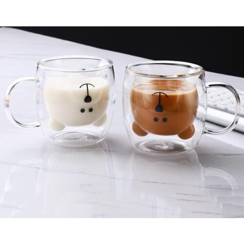 New 250mL Cute Bear Double Layer Coffee Mug with Handle Creative 4 Colors Cartoon Animal Milk Tea Juice Heat-resistant Glass Cup