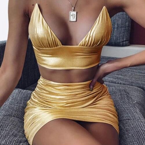 2021 Sexy Camisole Slim Fit Pleated Two - Piece Set Party Dress Bella Hadid Club Polyester
