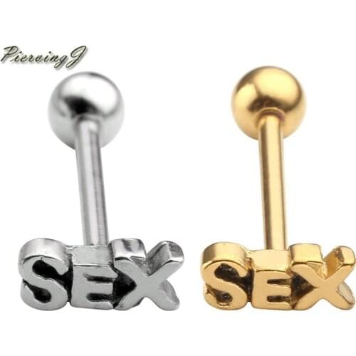 PiercingJ Mens Women Stainless Steel Carved Sex 14G Barbell Bar Tongue Stud Body Piercing