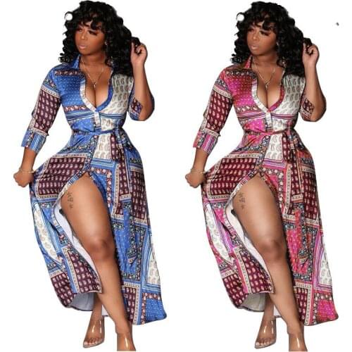 HIRIGIN Dress 2020 Fall Spring Women V-neck High Waist Split Print Bodycon Long Maxi Dress Sexy Club Party Plus Size Vestidos