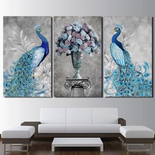 Blue Peacock Couple And Flowers Paintings Home Decor Canvas Posters 3 Pieces HD Prints Pictures Living Room Wall Art Framework