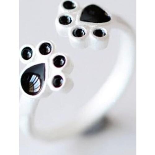 Season Gate 925 Sterling Silver Cute Lovely Simple Sweet Animal Black Cats paw Adjustable Size Open Ring SR179