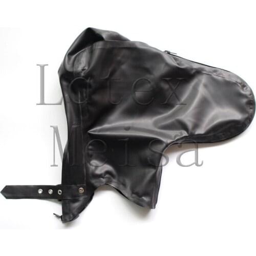 With front and back zippers design black latex hood bondage open eyes & nostrils & mouth what is made of 0.4mm thickness latex