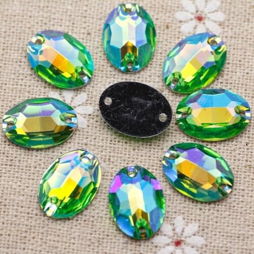 100pcs 11*15mm Sew on Rhinestones Green ab Oval Resin Silver Flatback Sewing Crystal 2 holes For Dress Garment Decoration