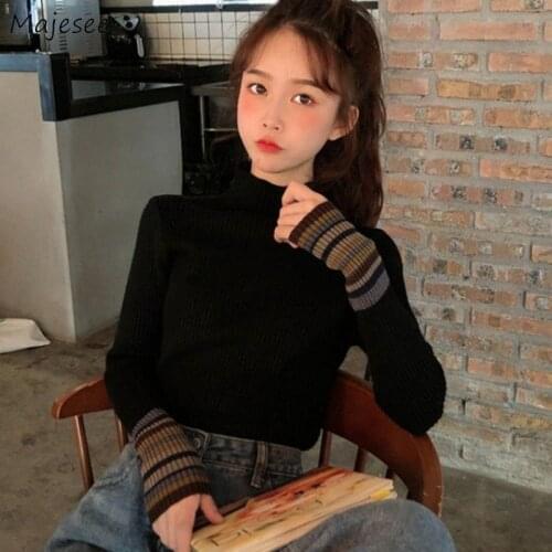 Turtleneck Sweater Women Patchwork Korean Style Students Slim Fitness Basic Winter Ladies Tops Vintage Elegant Elastic Trendy