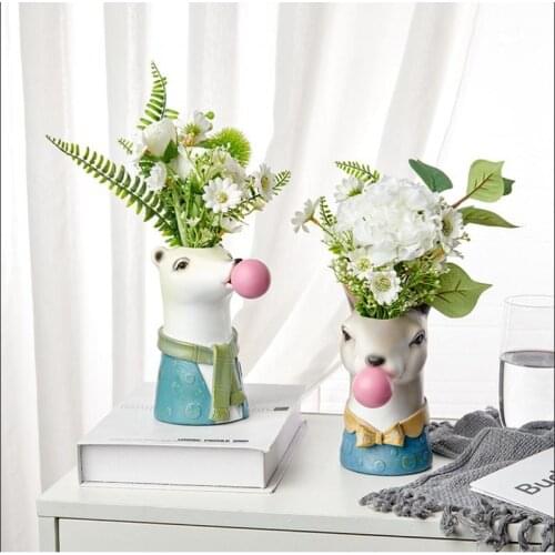 Dry Flower Vase Cute Chic Animal Head Shape Planter Pot Resin Home Office Bar Desktop Bedroom Sculpture Ornament Decor