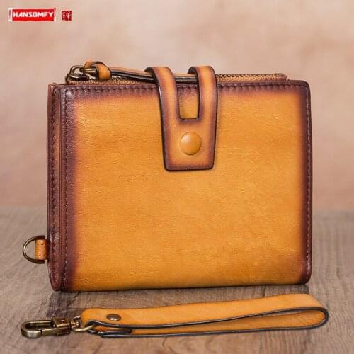 Vintage Leather Mini Purse Women Wallet Small Card Holder Buckle Short Wallets Female Thin Anti-theft Brush First Layer Cowhide