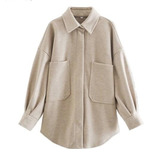 2021 New Woman Woolen Jacket Coat Single Breasted Outwear Front Oversize Pockets Fashion Streetwear