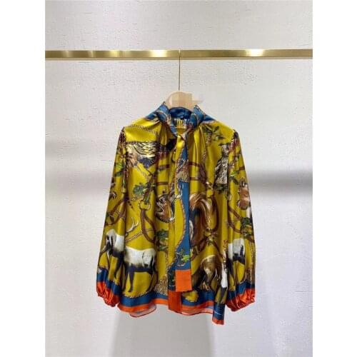 Womens 2021 spring new multicolor custom shirt ribbon bow silk lantern sleeve