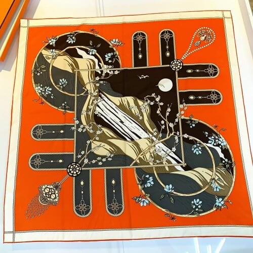 Hand-rolled 90cm landscape plants womens twill square scarf bohemian Beach Towel ponchos y capas mujer neck scarf hijab cloth