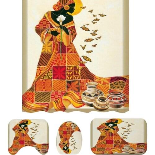 4pcs/set Figure Print Non Slip Toilet Cover Mat Set Waterproof Shower Curtain with 12 Hooks for Bathroom