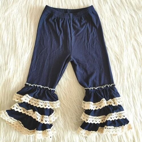 Wholesale children fall pants girl soft denim pants with lace baby girls ruffle jeans