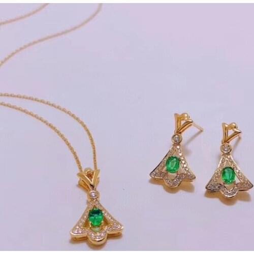 Elegant lovely Fan Leaf Natural green emerald gem jewelry sets natural gemstone earrings Pendant 925 silver women gift jewelry