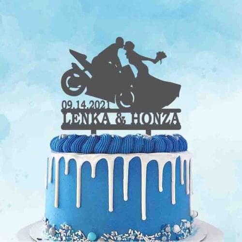 Personalized Custom Couple Name Wedding Date Bride and Groom Riding Motorcycle For Wedding Party Cake Decoration Topper