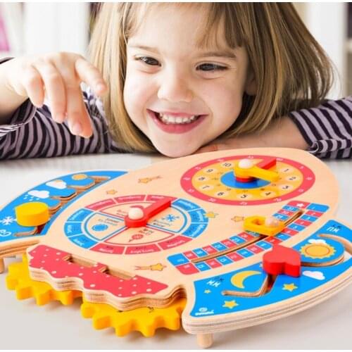 J60B Rocket Wooden Board with Clock Season Time for Baby Learning Crawling & Exploring Brain Game Interactive Busy Board Toys