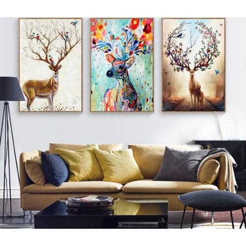 Nordic Style Elk Deer Canvas Paintings on The Wall Colorful Animals Wall Art Pictures for Home Living Room Decor No Frame