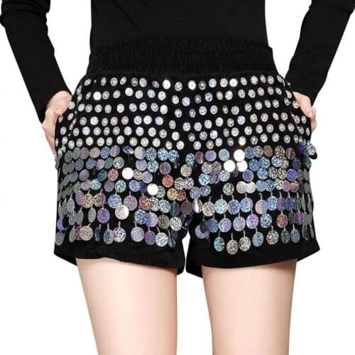 Korean Fall Fashion Woman Sequined Black Elastic High Waist Corduroy Shorts , Winter Autumn Female Woman Colored Glitter Shorts