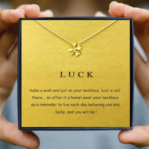 Icareu Gold Love Four Leaf Clover Necklace Heart Wish Card Gold Chain Clavicle Short Necklaces Simple Gift Box Jewelry 2021