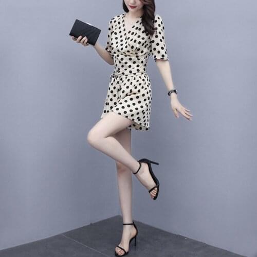 Fashion Suit For Women Summer Stylish Half Puff Sleeve Shirts Polka Dot Print V-Neck Lace-Up High Waist Slim Wide-Leg Shorts Set